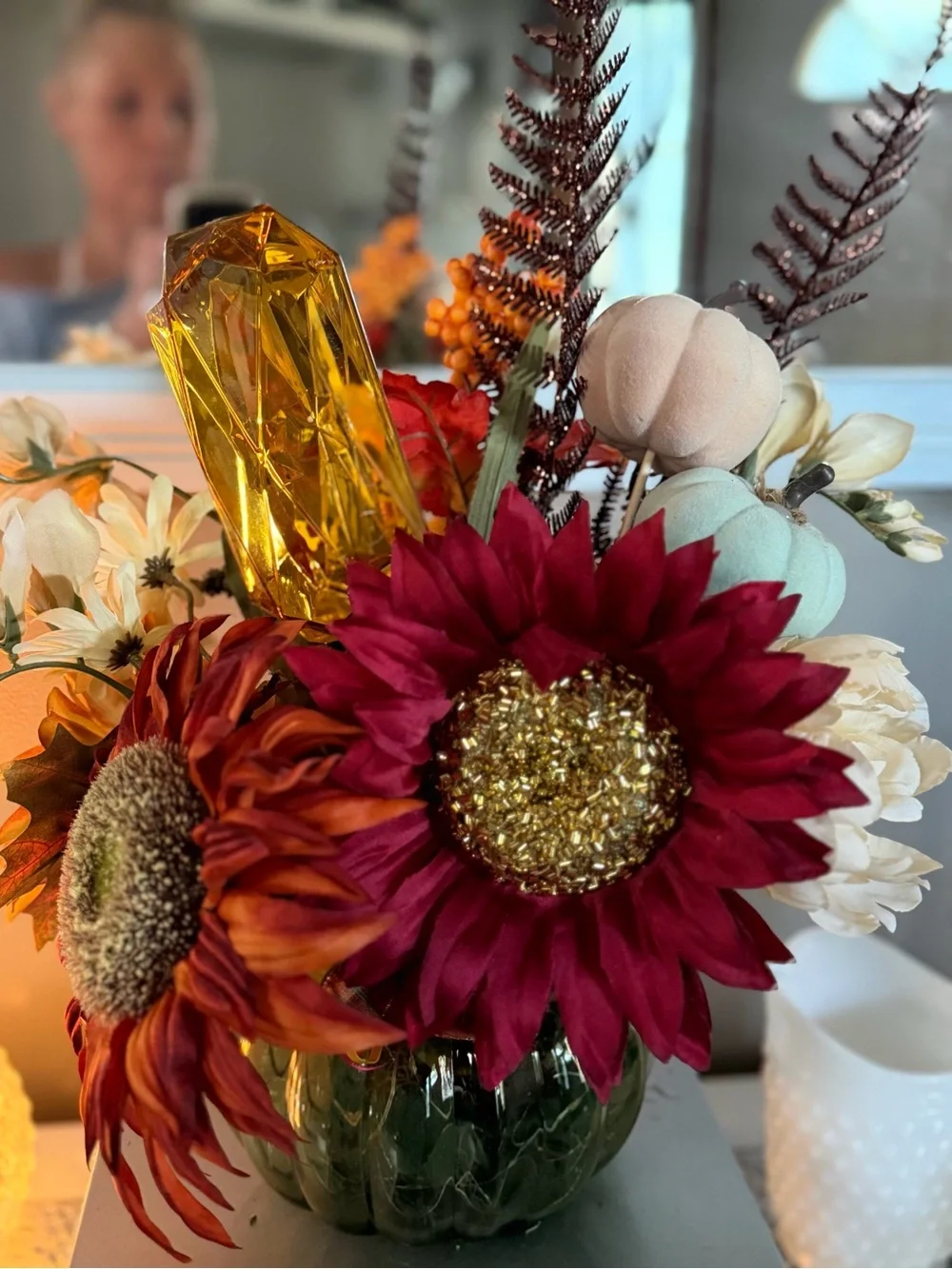 Autumn Sunflower Floral Arrangement - Red & Orange Fall Centerpiece& Amber Gem